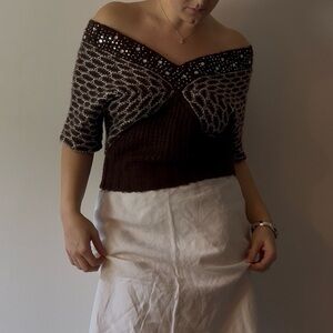 Y2k Brown Knit Fitted Balloon Off the Shoulder Top